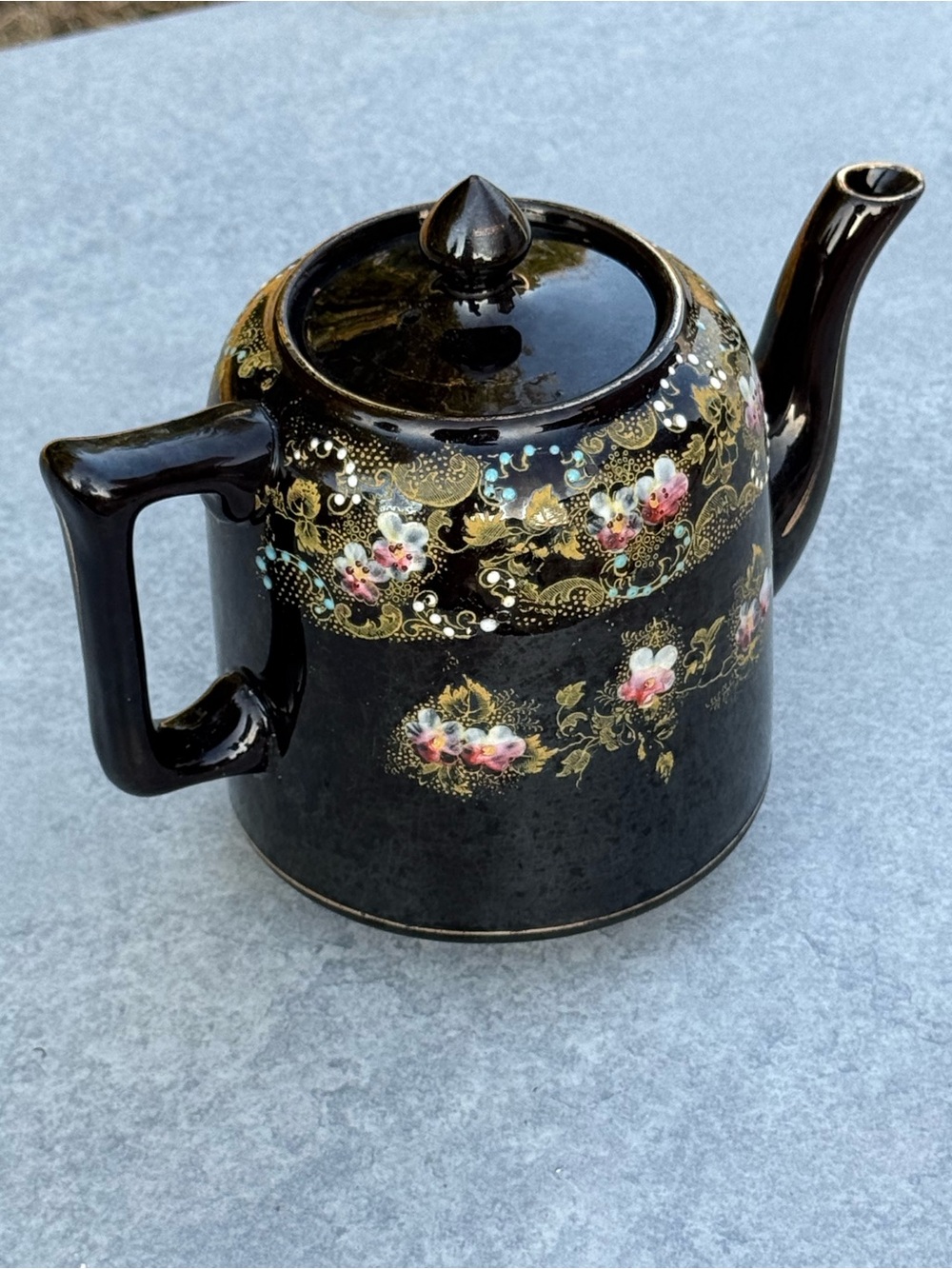 Vintage English Black Floral Gold Gilt Teapot Chinoiserie Grandmillennial